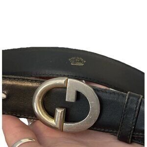 Gucci Vintage Two Tone GG Logo Black Leather Belt Gold Silver Buckle Size 85 cm